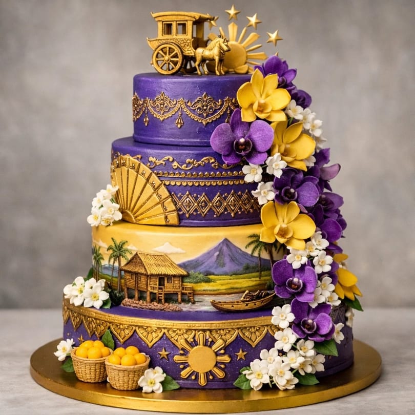 A multi-tiered Filipino-themed cake with purple and gold icing, orchids, and traditional scenes.