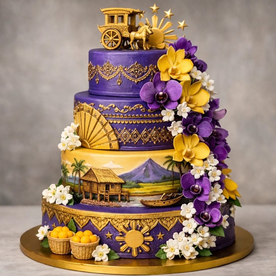 A three-tiered Filipino-themed cake with purple and gold layers, adorned with orchids and traditional scenes.